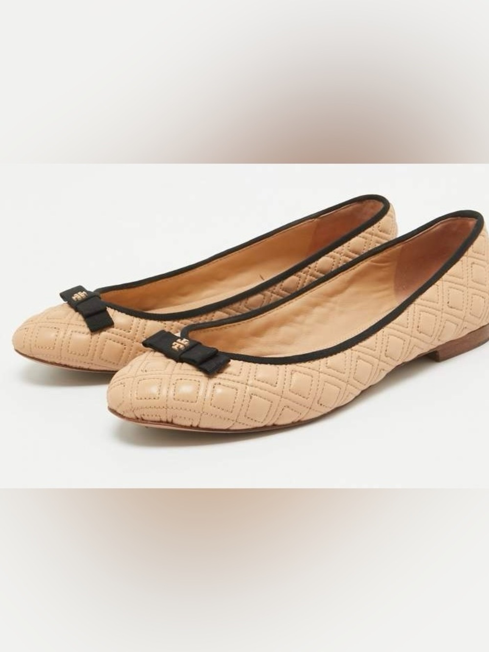 Tory Burch Women’s Quilted Tan Ballet Flats with Black Trim Size 8.5